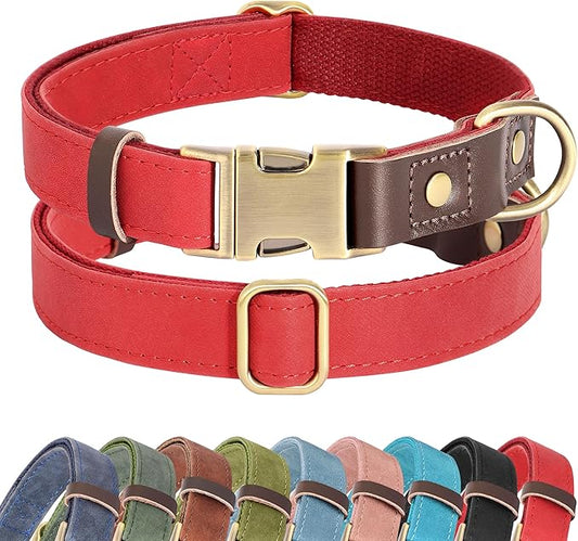 Didog Soft PU Leather Dog Collar for Large Dogs,Classic Adjustable Dog Collars with Quick Release Metal Buckle,Easy Clean and Comfortable with Nylon Lining,Red,L Neck 16-23"