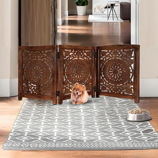 Lightnpro Carved Wooden Dog Gate - Extra-Wide Freestanding Foldable Indoor Pet Barrier, Decorative Safety Gate for Dogs & Puppies, Perfect for Stairs, Doorways & Hallways - 24x54 Inch Natural Burnt