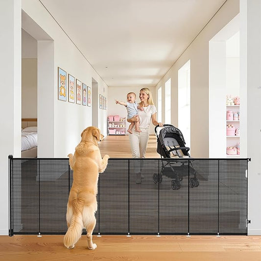 Retractable Baby Gate for Stairs, 42" Tall X 200" Wide Mesh Dog Gate Indoor, Child Gate for Doorways, Hallways, Deck, Indoor Outdoor Pet Baby Safety Essentials for Home, Black