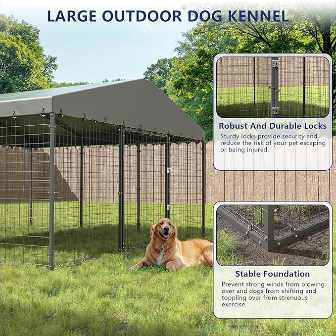 10×10×6 FT Large Outdoor Dog Kennel,Heavy Duty Dog Cage with Double Locks,Outdoor Dog Kennel with UV-Resistant Waterproof Roof Cover for Outside