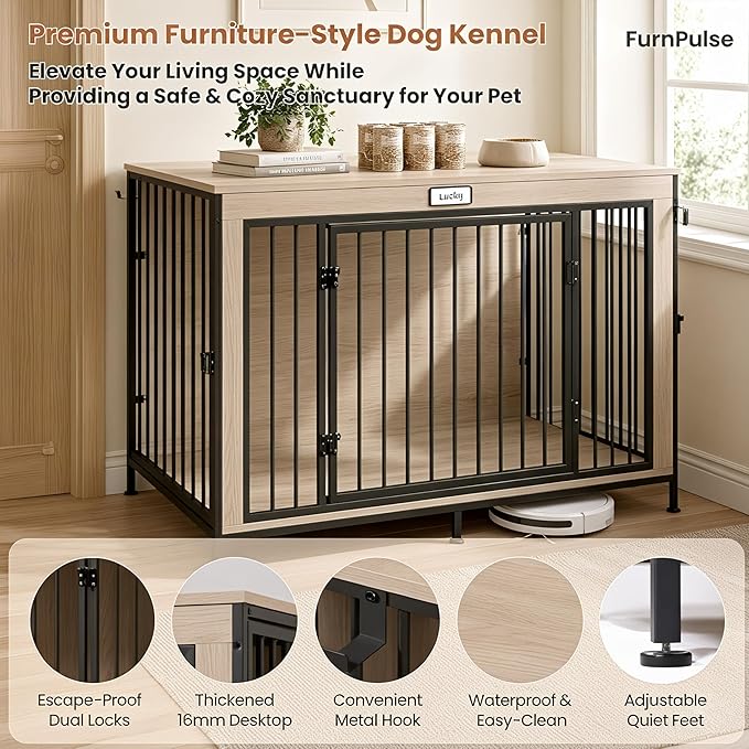 48" XL Dog Crate Furniture for Large Dogs, Farmhouse Light Oak Wood Dog Kennel, Heavy Duty Anti-Chew Steel Frame, Escape Proof Pet Crate, 3 Door Indoor Dog House, TV Stand Entertainment Center 350LB