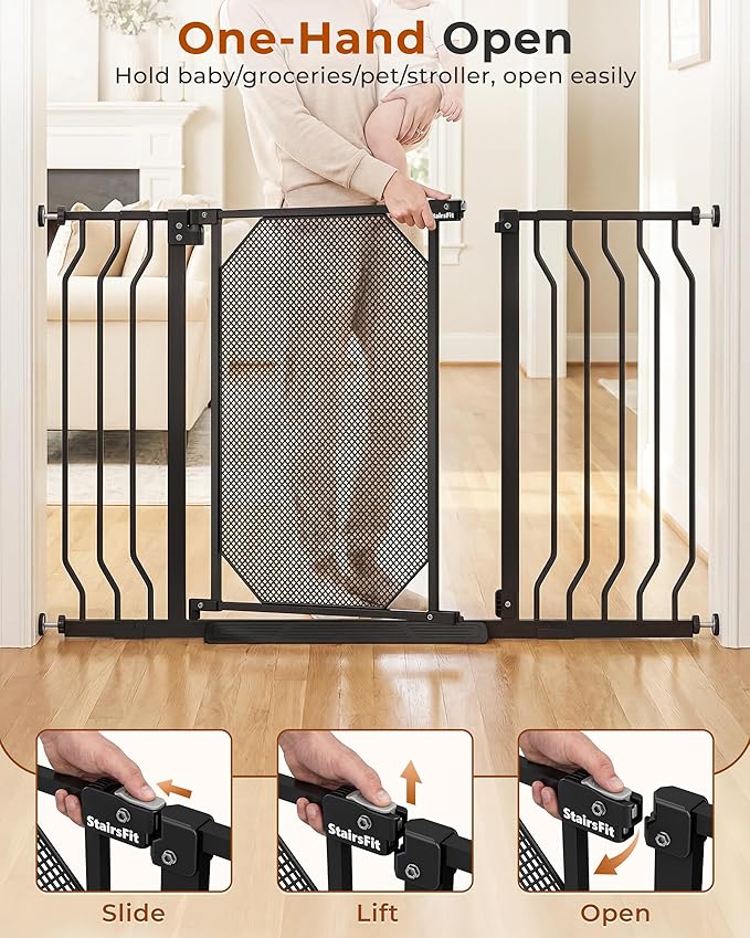 48.5-61.5" Extra Wide Baby Gate for Stairs, Pressure Mount No Drill, Lift to Unlock Child Proof, One-Hand Auto Close Walk Through Pet Dog Gate for Doorways, Fits 4 Different Width Ranges, Black