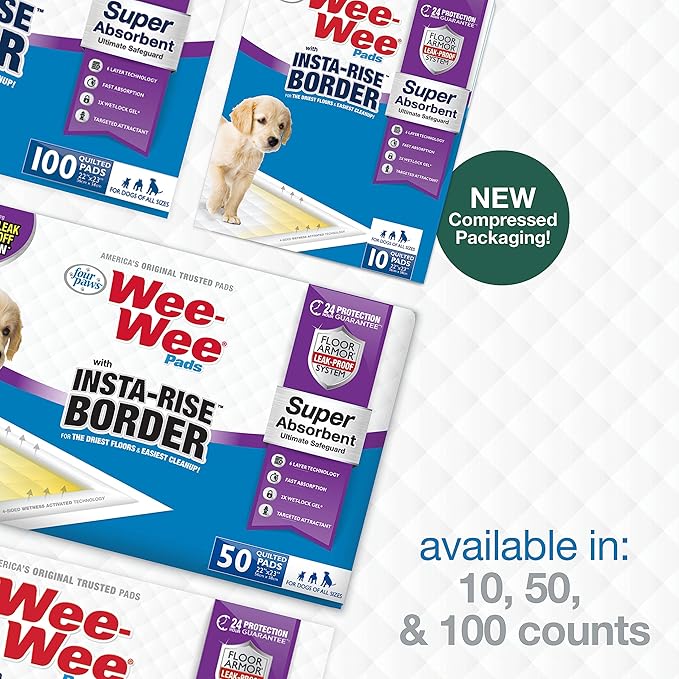 Four Paws Wee-Wee Super Absorbent Unscented Pee Pads for Dogs & Puppies with Insta-Rise Border, Leak-Proof Dog Housebreaking Potty Training Floor Protection, 22" x 23", 10 Count (Pack of 3)