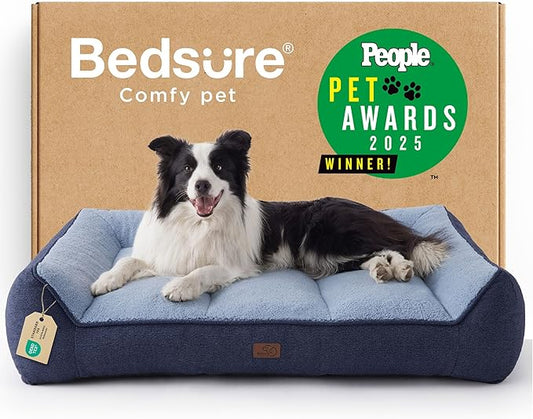 Bedsure SupportMax™ Orthopedic Dog Beds Large Sized Dog - As Seen on TV Extra Thick Supportive Large Dogs Bed with Waterproof Washable Cover, L Plus Comfort Pet Sofa with Soft Sherpa, Navy, 38"
