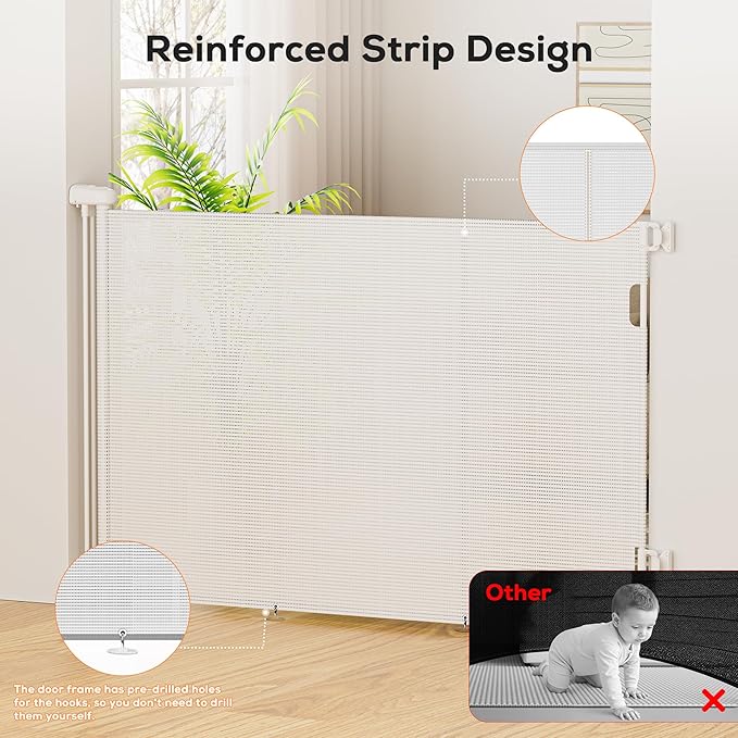 Retractable Baby Gate for Stairs, 42" Tall X 59" Wide Mesh Dog Gate Indoor, Child Gate for Doorways, Hallways, Deck, Indoor Outdoor Pet Baby Safety Essentials for Home, White