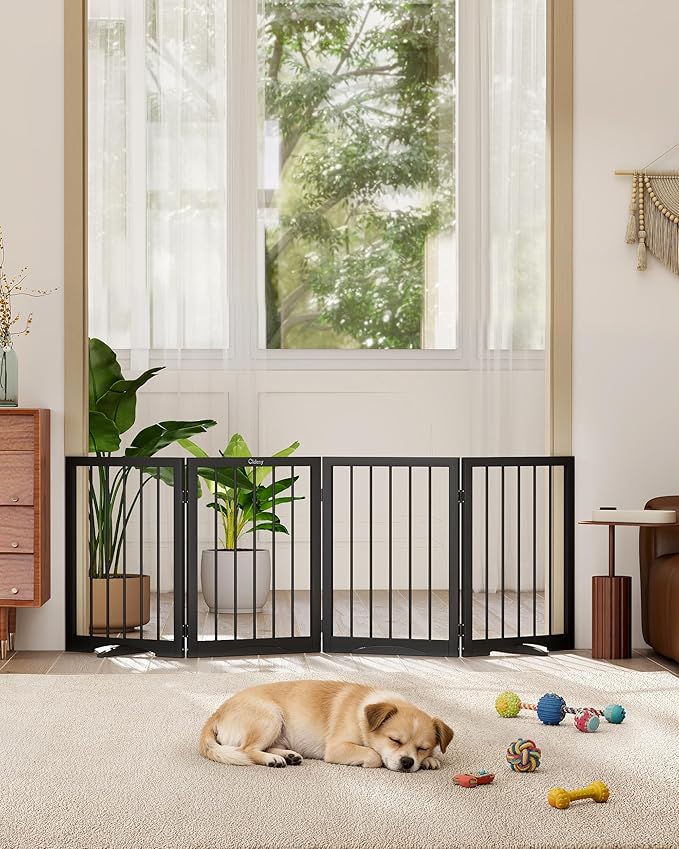 Free Standing Dog Gate Indoor, Foldable Dog Gate for Doorways Stairs Hallways,4-Panel Freestanding Pet Gate with Support Feet for Stability, Folding Puppy Gate Easy to Move, Doggy Gate 72"x24"