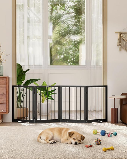 Free Standing Dog Gate Indoor, Foldable Dog Gate for Doorways Stairs Hallways,4-Panel Freestanding Pet Gate with Support Feet for Stability, Folding Puppy Gate Easy to Move, Doggy Gate 72"x24"