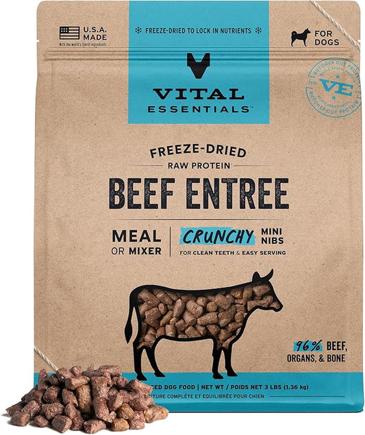 Vital Essentials Freeze Dried Dog Food, Raw Beef Crunchy Mini Nibs | Complete Meal or Topper | 96% Beef, Organs & Bone | Limited Ingredient, High Protein, Grain Free Dry Dog Food | 3 lb Bag