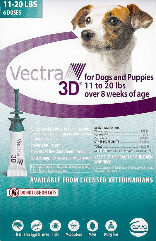 VECTRA 3D for Dogs Flea, Tick & Mosquito Treatment & Prevention for Small Dogs (11 – 20 lbs), 6 Month Supply