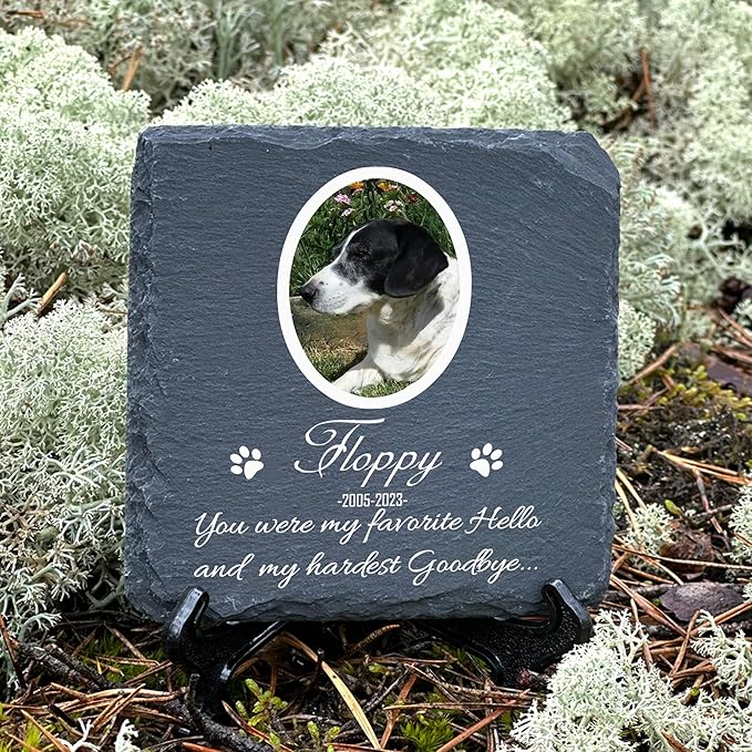 Personalized Individual Square Memorial Plaque + Stand for Pet Cat Dog Slate Stone Frame Paw Grave Marker - Size 3.94" x 3.94" or 100 x 100 mm - White Frame Photo
