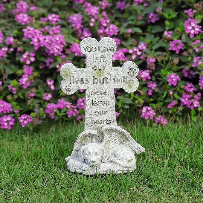 Memorial Statue - Sleeping Dog Angel Cross Tombstone, Grave Marker for Deceased Pet, Loss of Dog Memorial Sympathy Gift - Polyresin, Stone Finish, 8.27 Inch