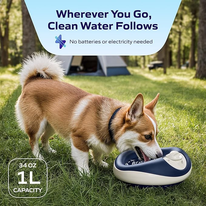 Mini Filtered Portable Automatic Pet Water Dispenser for Small Dogs and Cats [Upgraded 2026], 1L / 34oz, No Spill, Noise-Free Dog Water Bowl Dispenser, No Power Required