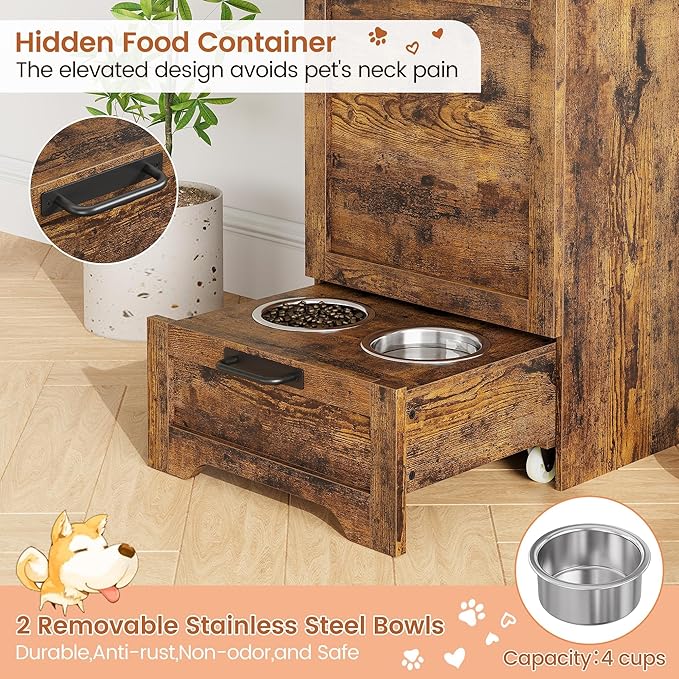 Dog Feeding Station, with Pet Feeding Station,Flip Top Dog Food Storage Cabinet, 2 Elevated Bowls, Includes 3 Hooks for Accessories – Space-Saving Design, Brown