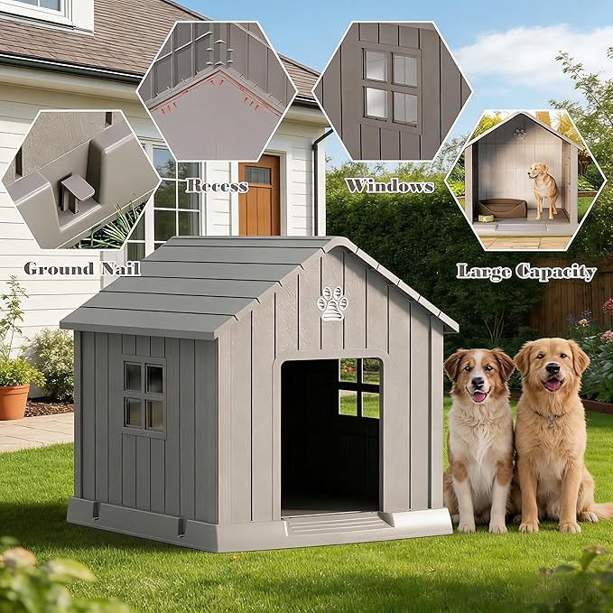 Bifanuo Dog House Outdoor Indoor with Weatherproof, Ventilated and Elevated Floor, Easy Clean Large Dog House Outdoor for Small Medium Large Dogs (Grey, 37.2" L x 40" W x 40" H)