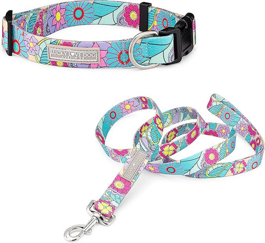 Lucky Love Dog Collar and Leash Combo, Cute Collar and Leash Set for Medium Female Dogs, Part of Purchase Donated to Rescue (Medium, Caroline, Combo)