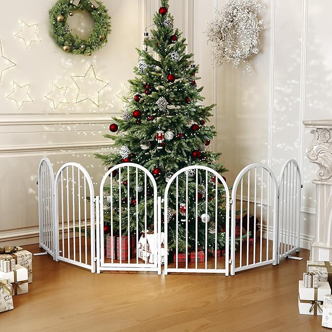 Full Metal Dog Gate with Door for Indoor Outdoor, 32" Tall Free Standing Pet Dog Fence, 108" Extra Wide Pet Gates for Stairs, Hallways, Doorways, Kitchen, Decks, Yards (White, 6 Panels)