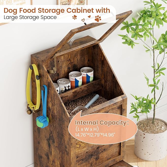 Dog Feeding Station, with Pet Feeding Station,Flip Top Dog Food Storage Cabinet, 2 Elevated Bowls, Includes 3 Hooks for Accessories – Space-Saving Design, Brown