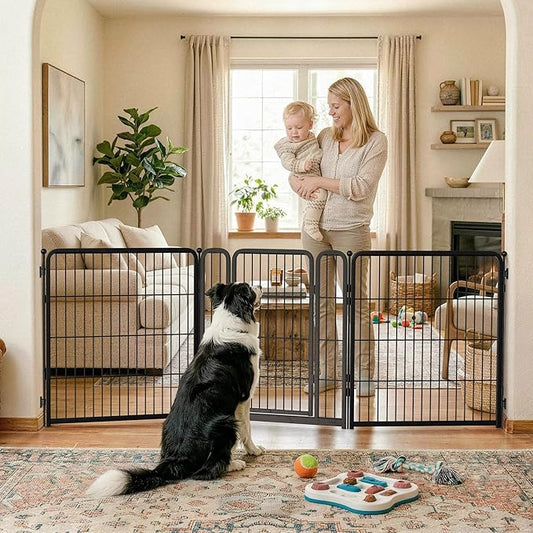 FXW Dog Gate Extra Wide Designed for Indoor Use, Adjustable Width Up to 83-inch Wide (32" H 3 Wire Panels for Small and Medium Dogs), Black