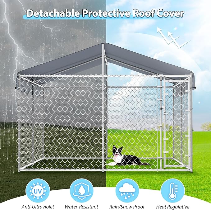 10x10ft Extra Large Dog Kennel Outdoor, Heavy-Duty Outside Dog Kennel with Roof, Security Latch-Lock Door, Chain-Link Dog Enclosure Dog Run for Yard with Cover
