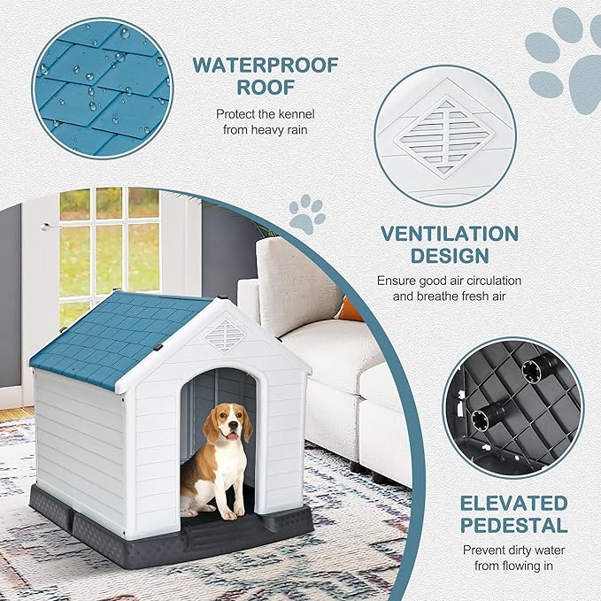 Durable Waterproof Plastic Dog House for Small to Large Dogs Indoor Doghouse Puppy Shelter with Air Vents and Elevated Floor, Outdoor Kennel for Yard, Patio, Garage, Easy to Assemble