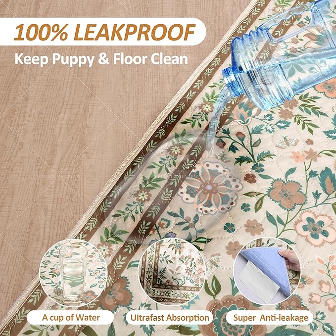 Washable Pee Pads for Dogs 72"x 72", Super Absorbent Boho Reusable Puppy Pads with Colorful Flowers Patterns for Potty Training, Floor, Couch, Bed, and Crate
