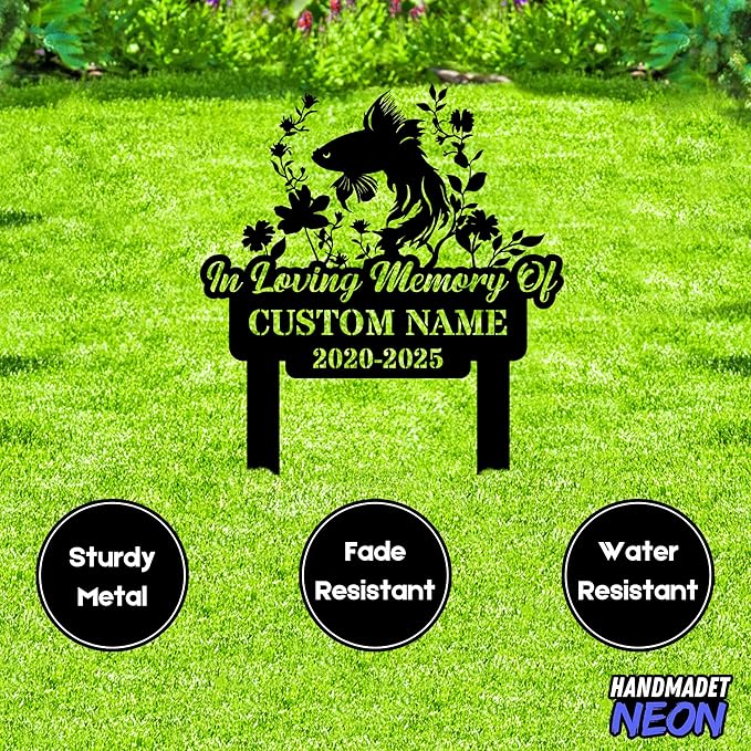 Personalized Betta Memorials Custom Name Year Memorial Fish Grave Marker Metal Pet Garden Stake for Outdoor Garden Yard Sign Plaque Sympathy Gift Grave Decor for Cemetery
