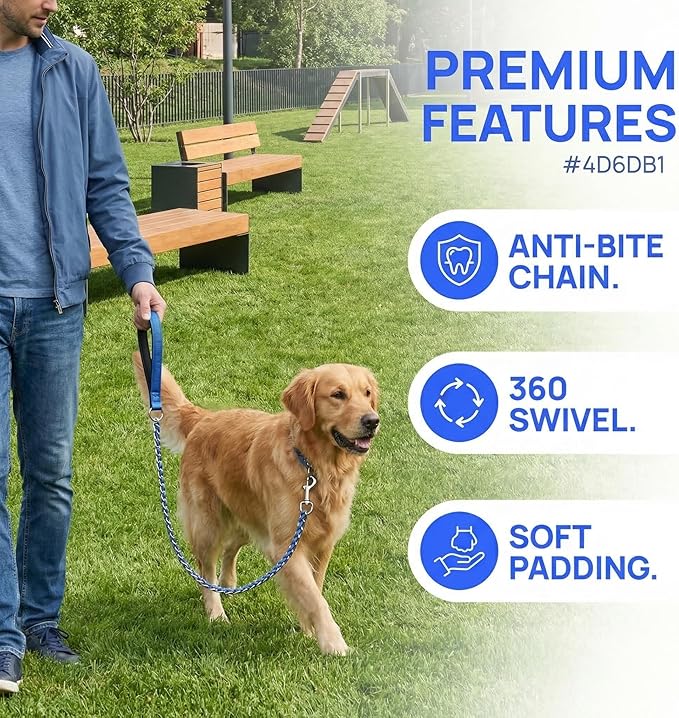 Chew Proof Metal Dog Leash with Built-in P-Chain Collar - 2FT/4FT for Small/Medium/Large Dogs (30-150lb), Anti-Bite Chain Link with Soft Padded Handle, 360° Rotating Clasp Blue