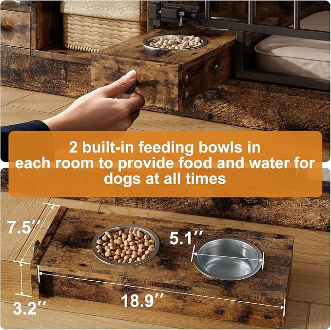 IDEALHOUSE 78.7" Double Dog Crate Furniture with Storage and 2 Doors, Dog Kennel Indoor with Feeding Bowls, Wood Dog Crate TV Stand for Small Medium Dogs, Brown