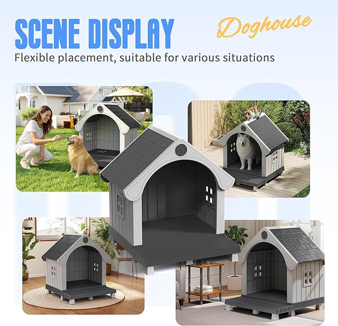 DRATO Large Dog House Outdoor Indoor, Sturdy Plastic Waterproof Doghouse with Air Vents and Elevated Floor, Easy Clean & Assemble for Medium Large Dogs (Black, 33" L×31.5" W×38" H)