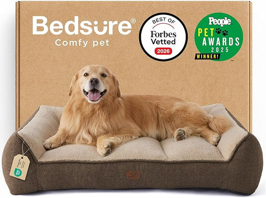 Bedsure SupportMax™ XL Plus Orthopedic Dog Beds Large Sized Dog - As Seen on TV Extra Thick Supportive Dogs Couch with Waterproof Washable Cover, Jumbo Comfort Pet Sofa with Soft Sherpa, Brown, 48"