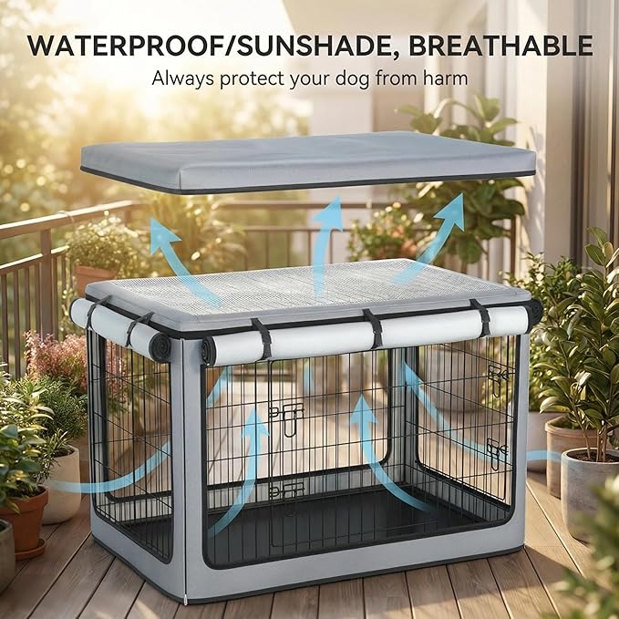 Dog Crate Cover, Heavy Duty 1680D Waterproof Oxford Cloth with Breathable Mesh & Detachable Sunshade, Universal Fit for Wire Crates, All-Weather Indoor Outdoor Use (38-Inch)