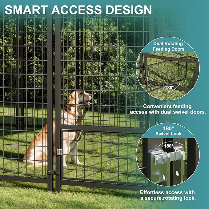 73"x70" Dog Kennel Outside, Large Outdoor Dog Kennel with Feeding Door and Double Lock, Heavy-Duty Weatherproof Dog Cage and Dog Fence with Roof, Outdoor for Large Dogs, Easy Assembly