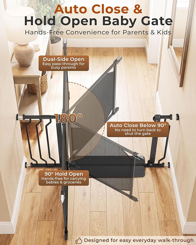 48.5-61.5" Extra Wide Baby Gate for Stairs, Pressure Mount No Drill, Lift to Unlock Child Proof, One-Hand Auto Close Walk Through Pet Dog Gate for Doorways, Fits 4 Different Width Ranges, Black