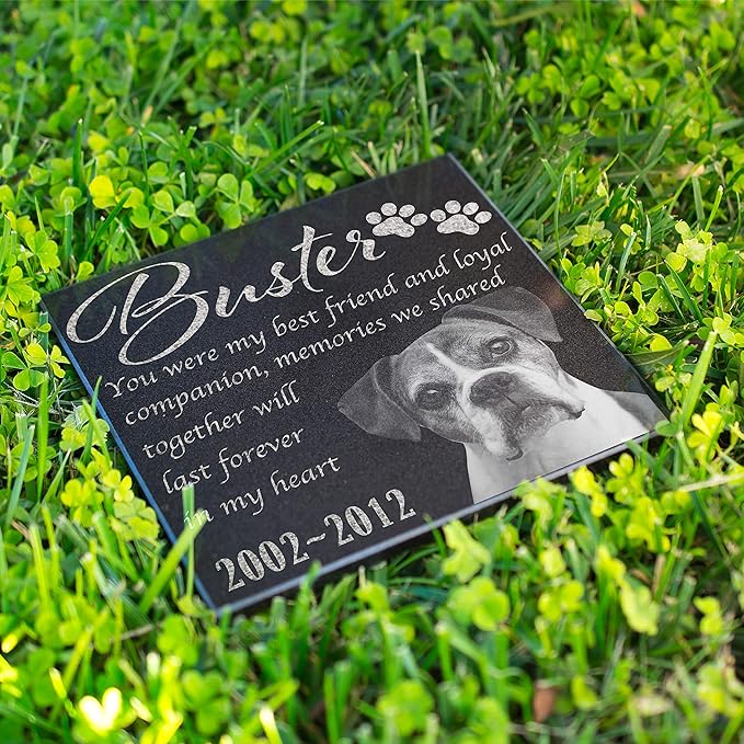 Personalized Granite Pet Memorial Stone w 'Your Pet Photo' Customized Tombstone - Loss of Pet Gift- Indoor Outdoor Dog or Cat for Garden Backyard 6" x 6" #13