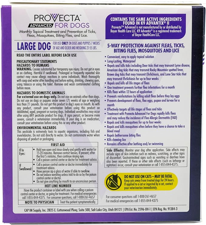 Provecta® Advanced for Large Dogs (21–55 lbs) Flea and Tick Topical Treatment, 4-Month Supply