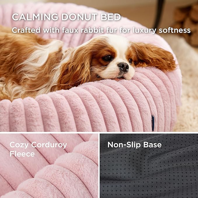 Bedsure ComfyFleece™ Donut Medium Dog Bed - Washable Faux Fur with Corduroy Fleece & Anti Slip Bottom, Round Pet Bed with Removable Cover, Blush Pink, 30x30x8 inches