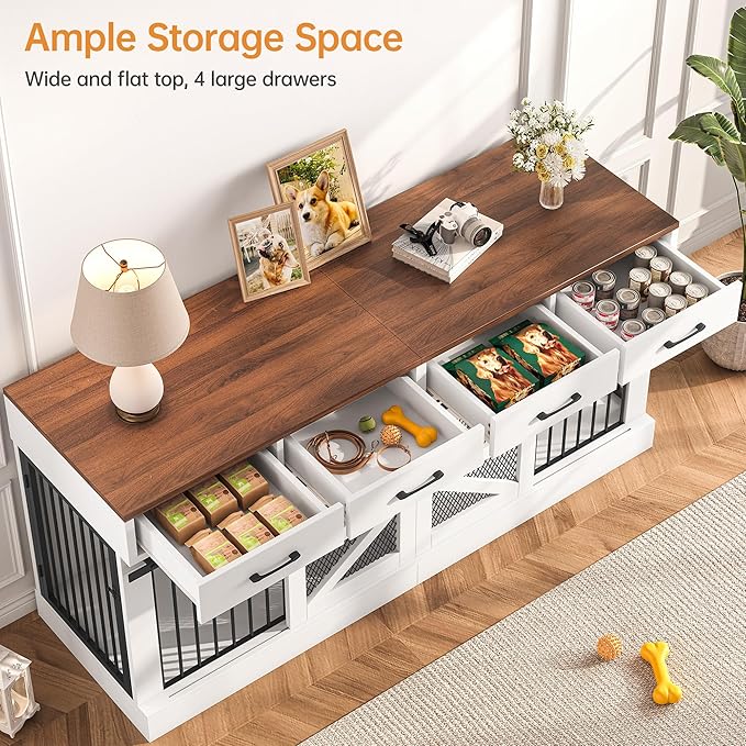 Dog Crate Furniture with Removable Divider & 4 Storage Drawers - 71" Large Wooden Dog Kennel Indoor End Table for 2 Dogs, Multi-Functional Dog Cage Furniture for Medium & Large Dogs