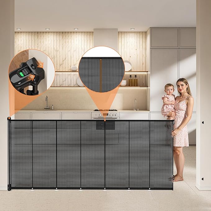 Retractable Baby Gate for Stairs, 48" Tall X 200" Wide Mesh Dog Gate Indoor, Child Gate for Doorways, Hallways, Deck, Indoor Outdoor Pet Baby Safety Essentials for Home, Black