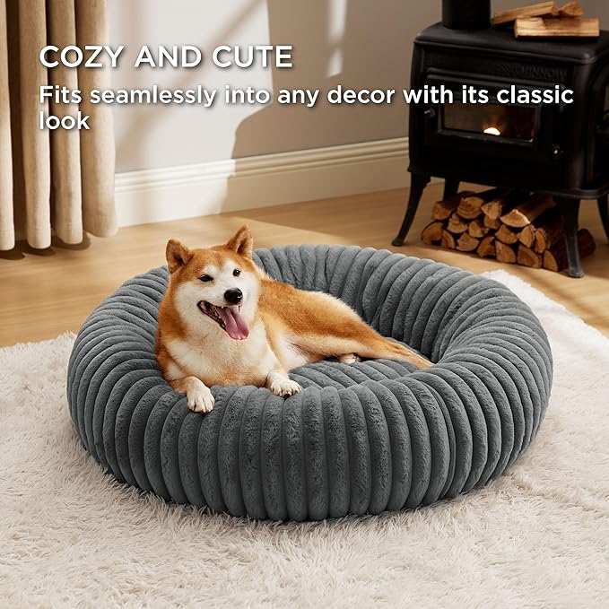 Bedsure ComfyFleece™ Donut Large Dog Bed - Washable Faux Fur with Corduroy Fleece & Anti Slip Bottom, Round Pet Bed with Removable Cover, Warm Grey, 36x36x8 inches