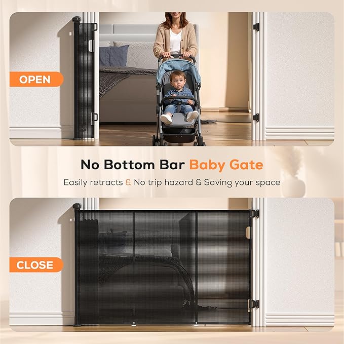Retractable Baby Gate for Stairs, 48" Tall X 59" Wide Mesh Dog Gate Indoor, Child Gate for Doorways, Hallways, Deck, Indoor Outdoor Pet Baby Safety Essentials for Home, Black