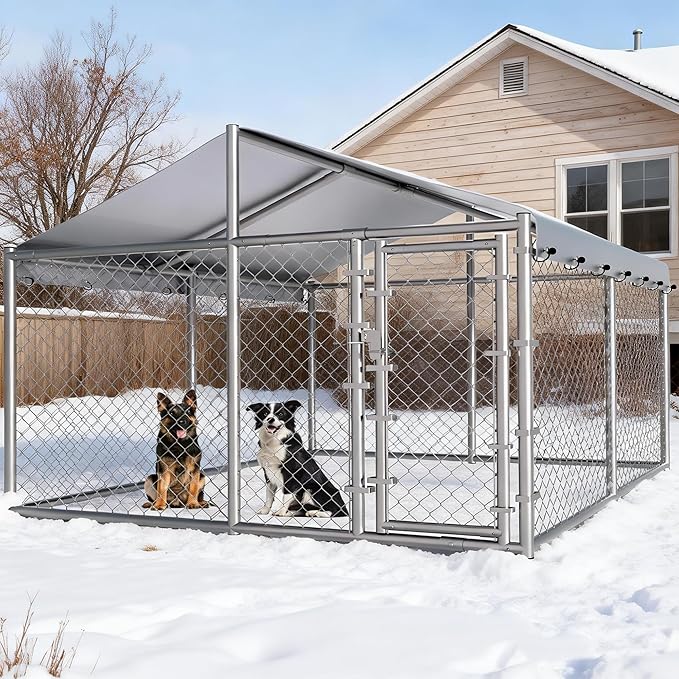 10x10ft Extra Large Dog Kennel Outdoor, Heavy-Duty Outside Dog Kennel with Roof, Security Latch-Lock Door, Chain-Link Dog Enclosure Dog Run for Yard with Cover