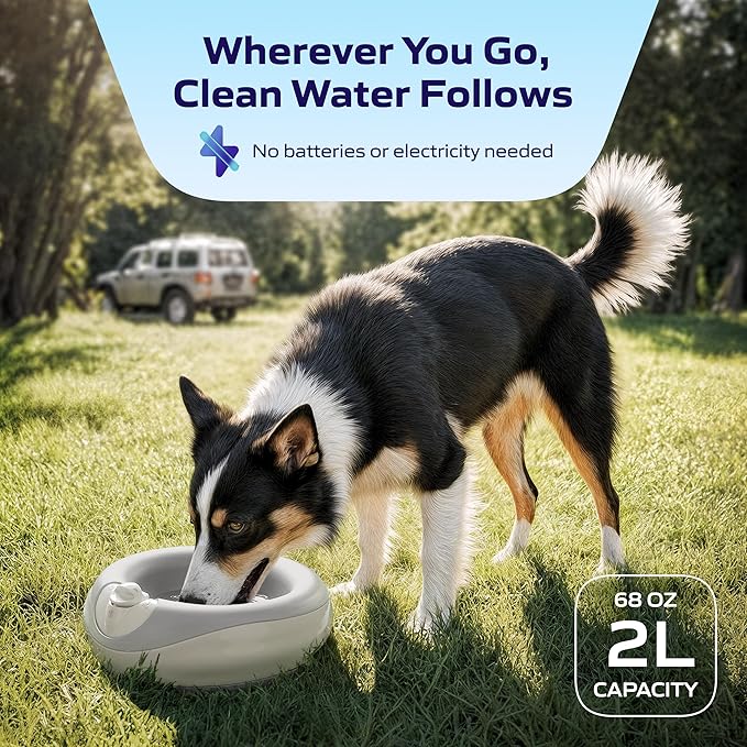 Premium Filtered Portable Dog Autofill Pet Water Dispenser [Upgraded 2026], 2L / 68oz, Noise-Free No Spill Water Bowl for Dogs, No Power Needed, Ideal for Medium & Large Pets