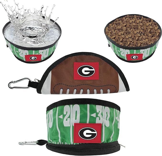 Pets First NCAA Georgia Bulldogs Collapsible Dog Travel Bowl, Food and Water Bowl for Dogs & Cats. Lightweight Leak-Proof Pet Bowl for Travel with Football Field & Pebble-Grain Design