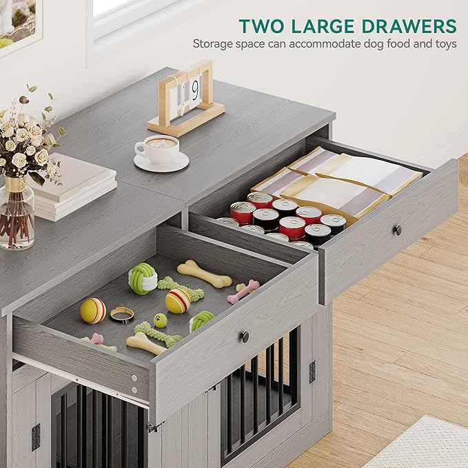 DWVO 60 Inch Double Dog Crate Furniture for 2 Dogs, Heavy Duty Wooden Dog Crate TV Stand with Removable Divider & Storage Drawers, Dogs Kennel Indoor Furniture Double Sliding Barn Door, Grey