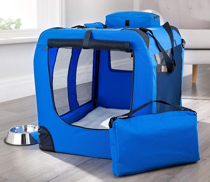 MOOL Extra-Large Pet Carrier Crate with Reversible Fleece Mat, Blue