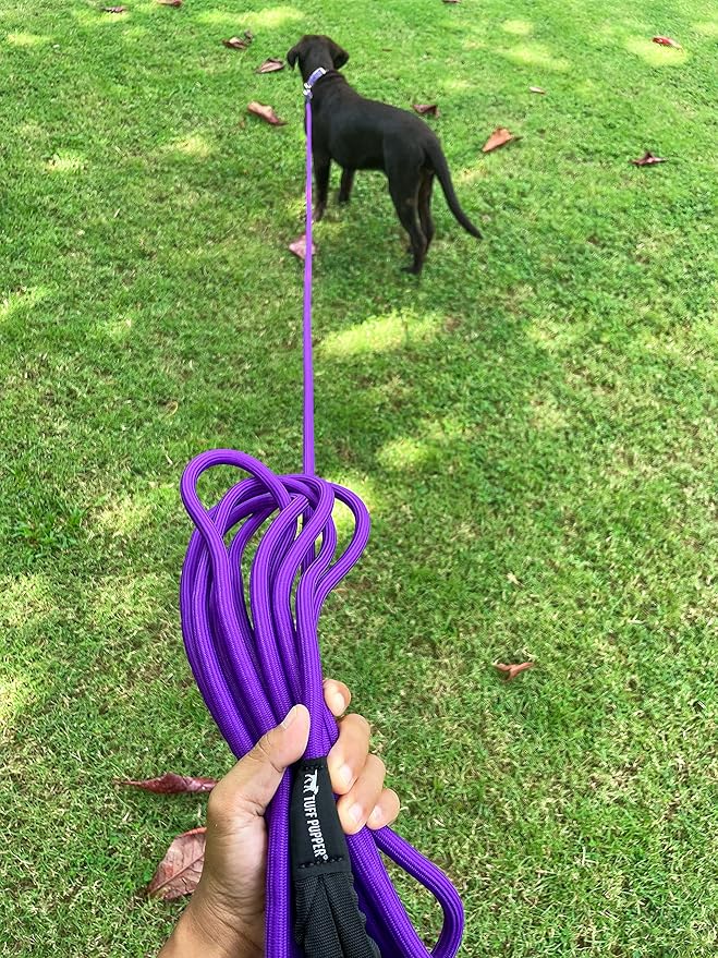 Tuff Pupper Heavy Duty 30 Foot Long Rope Leash for Dogs | Dog Recall Training Lead | High Visibility Strong Climbing Rope Leash | Hand or Waist Worn | Stainless Steel 360° Clips for Tangle Free Use