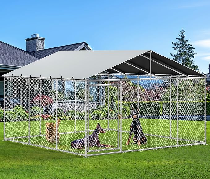YITAHOME 14.8'x14.8' Large Outdoor Dog Kennel with Metal Dog Gate, Dog Pens Outside with Roof, Dog Fence Outdoor for Yard