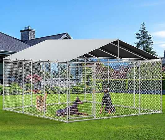 YITAHOME 14.8'x14.8' Large Outdoor Dog Kennel with Metal Dog Gate, Dog Pens Outside with Roof, Dog Fence Outdoor for Yard