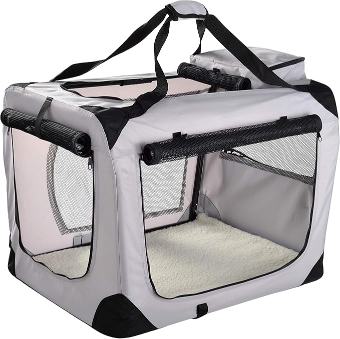 MOOL Lightweight Fabric Pet Carrier Crate with Fleece Mat and Food Bag, Grey