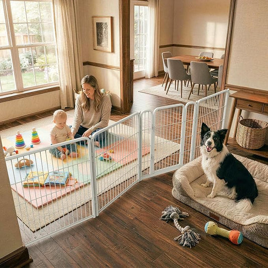 FXW Dog Gate Extra Wide Designed for Indoor Use, Adjustable Width Up to 111-inch Wide (32" H 4 Wire Panels for Small and Medium Dogs), White